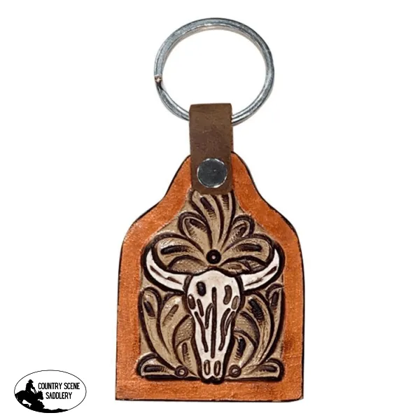 177928  Showman ® Cow tag shaped White painted tooled leather cow skull keychain