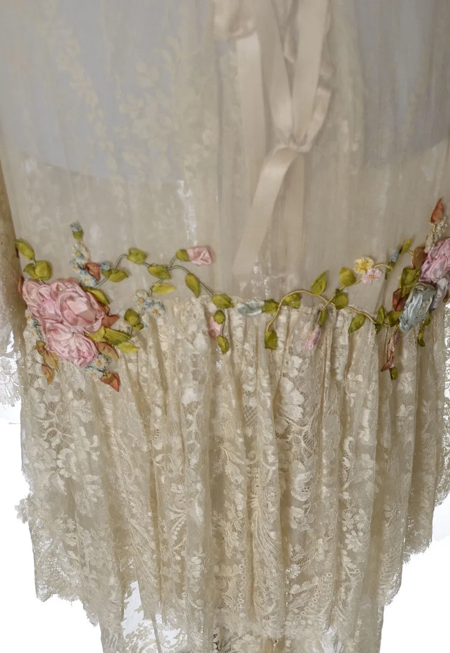 1920's RARE Vera West Fine Lace Peignoir Robe and Gown Teddy Roses