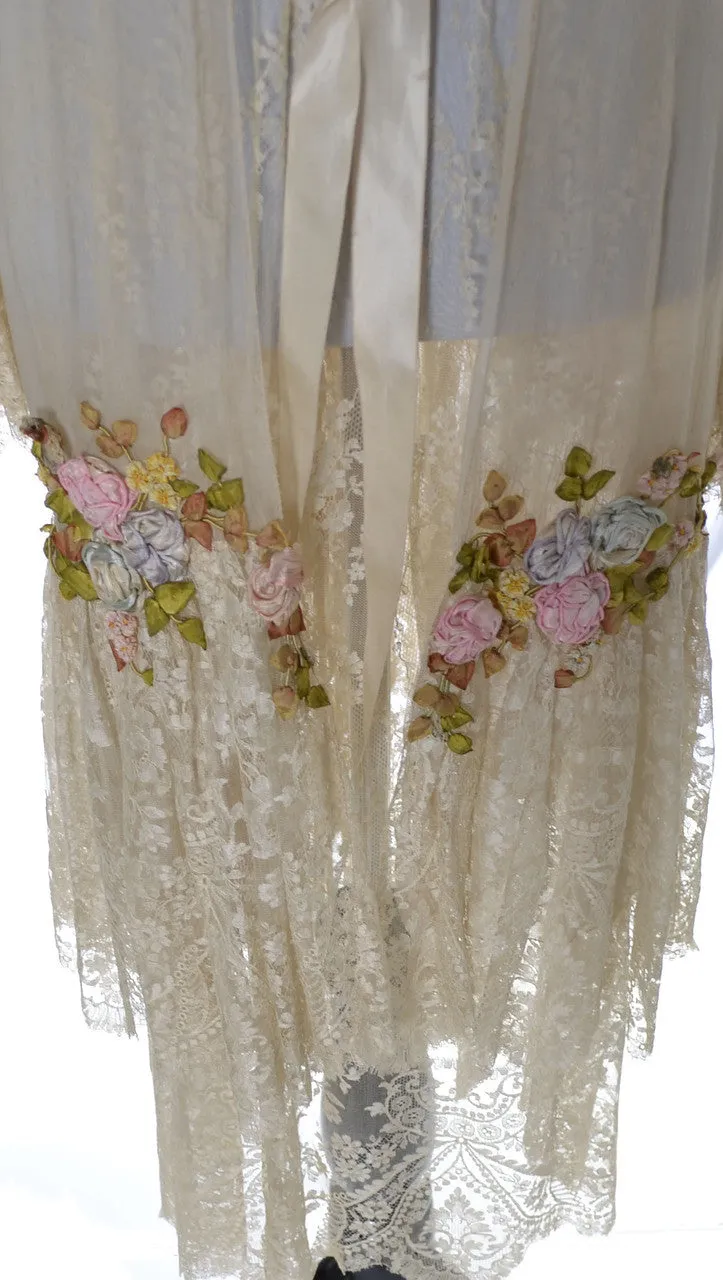 1920's RARE Vera West Fine Lace Peignoir Robe and Gown Teddy Roses