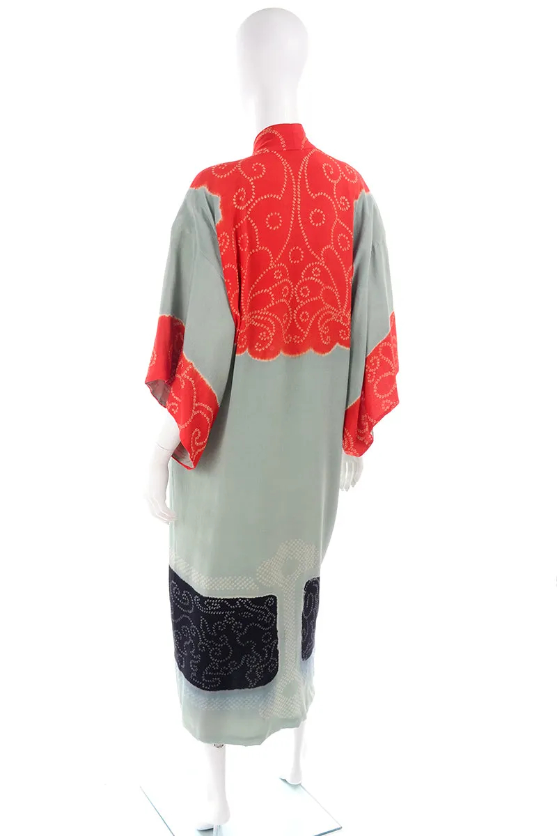 1930s Gumps Long Kimono in Green/Grey & Red/Orange Silk