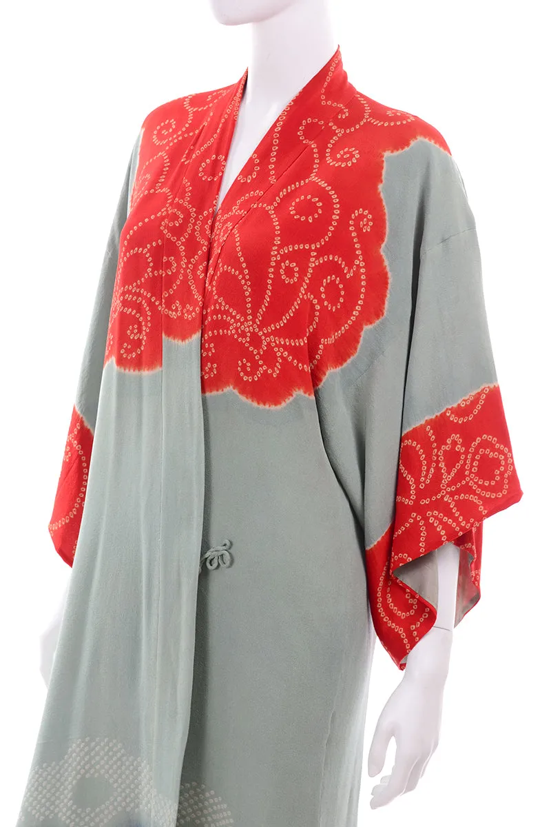 1930s Gumps Long Kimono in Green/Grey & Red/Orange Silk