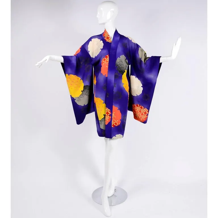 1930s Japanese Haori Kimono Jacket Purple Silk w/ Orange Designs