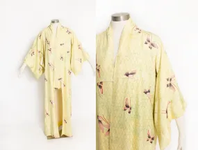 1950s Kimono Yellow Butterfly Printed Rayon Japanese Robe