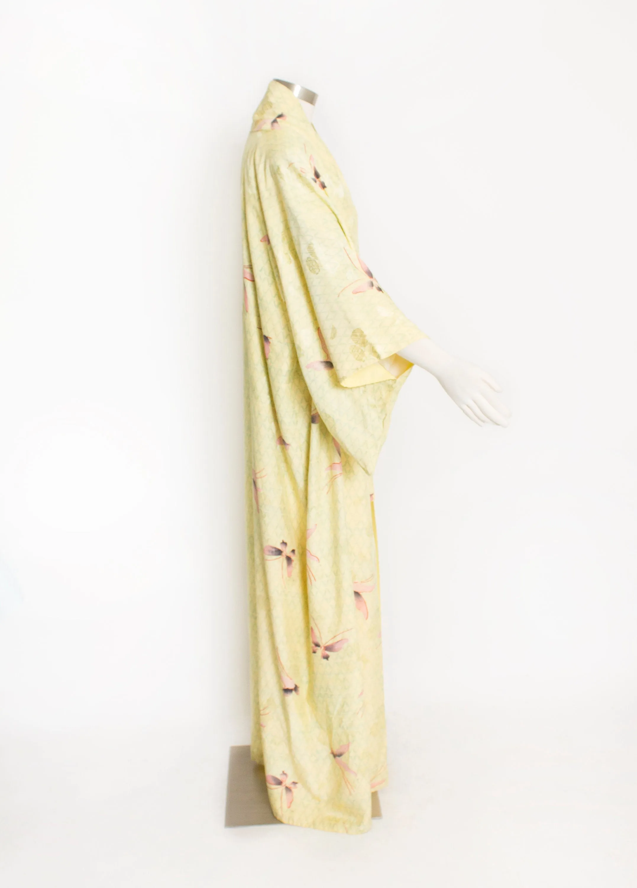 1950s Kimono Yellow Butterfly Printed Rayon Japanese Robe