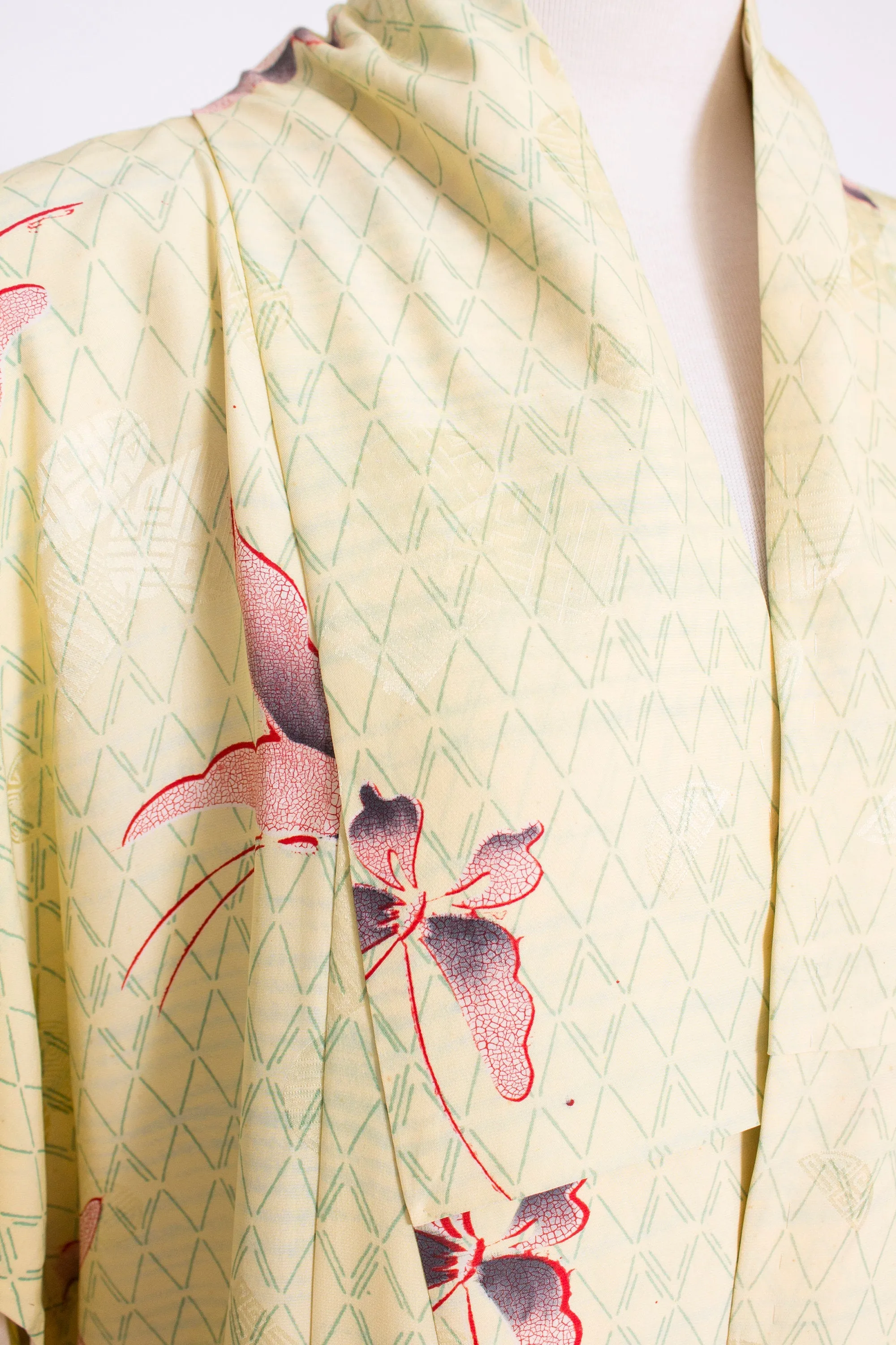 1950s Kimono Yellow Butterfly Printed Rayon Japanese Robe