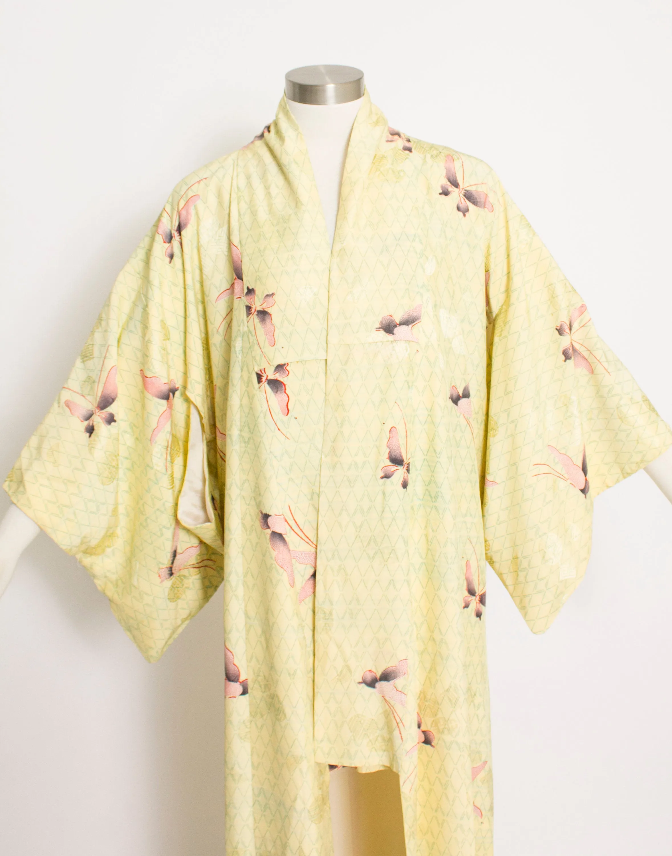 1950s Kimono Yellow Butterfly Printed Rayon Japanese Robe