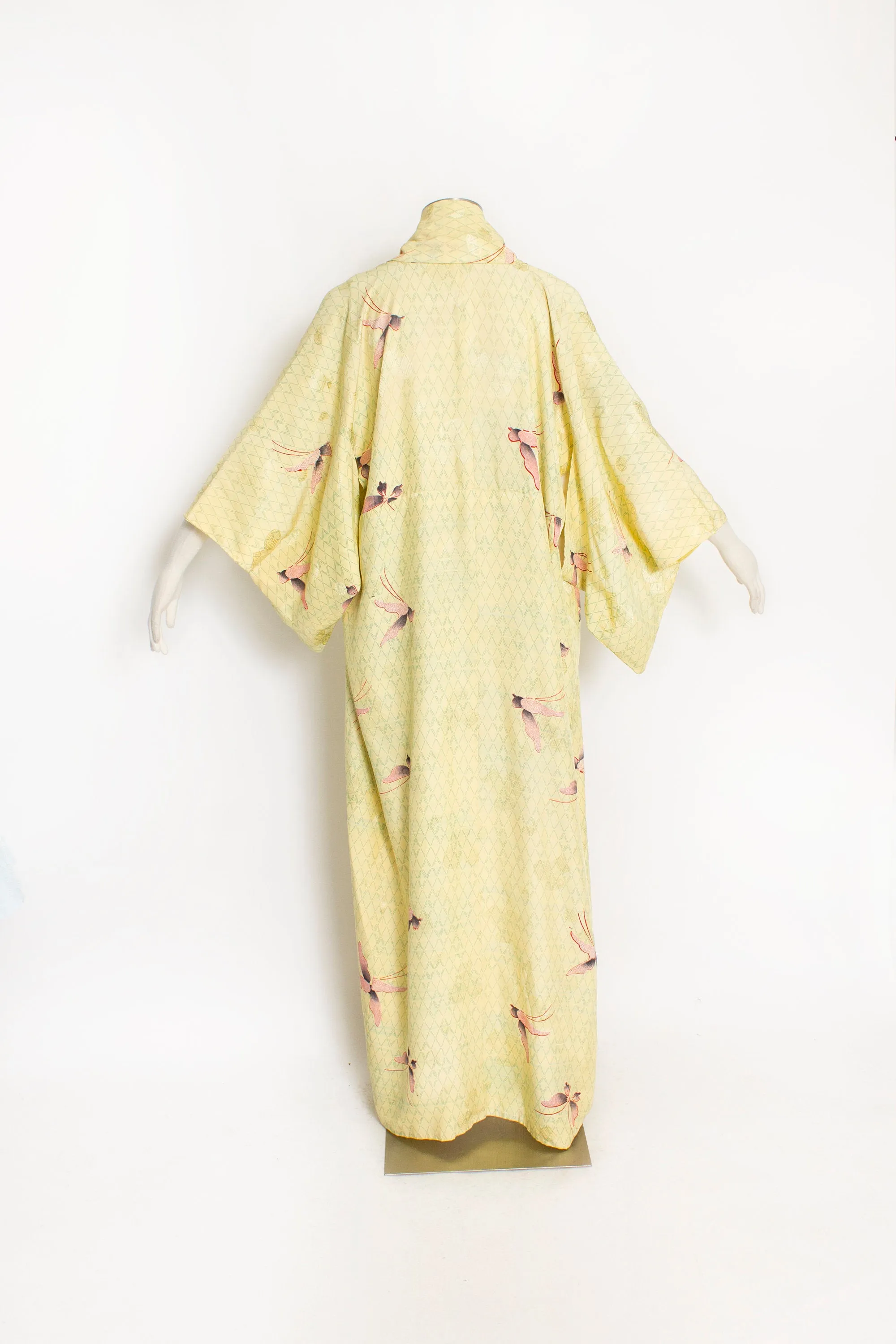 1950s Kimono Yellow Butterfly Printed Rayon Japanese Robe