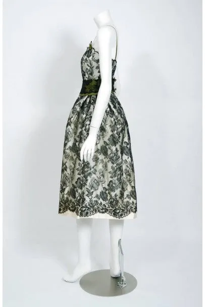 1956 Chloe Paris Couture Ivory Satin & Black Floral Lace Belted Cocktail Dress