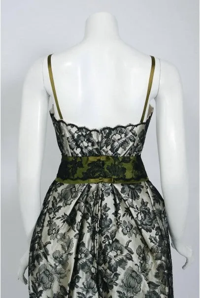 1956 Chloe Paris Couture Ivory Satin & Black Floral Lace Belted Cocktail Dress