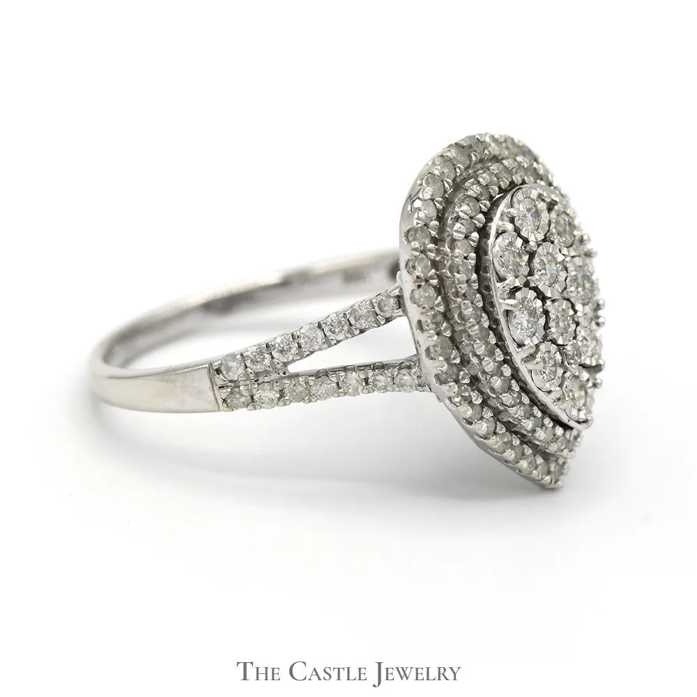 1cttw Pear Shaped Diamond Cluster Ring with Double Halo and Accents in 10k White Gold