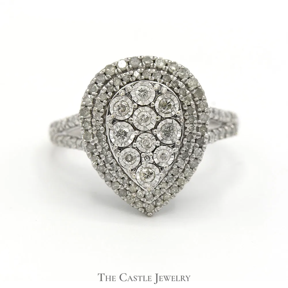 1cttw Pear Shaped Diamond Cluster Ring with Double Halo and Accents in 10k White Gold