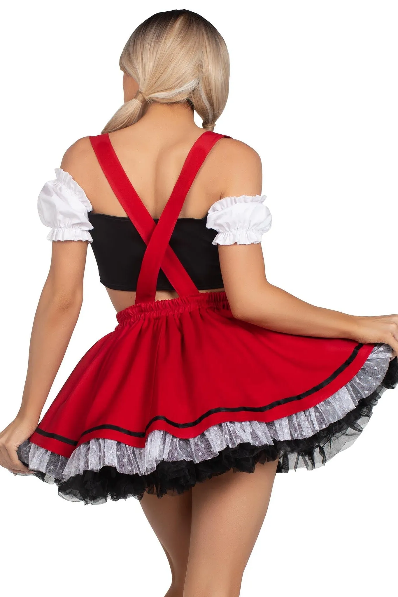 2 Piece Beerfest Babe Lace Trim Crop Top, Suspender Skirt Costume Set