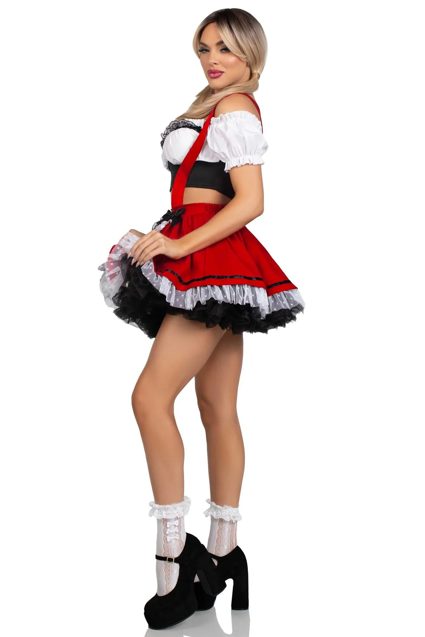 2 Piece Beerfest Babe Lace Trim Crop Top, Suspender Skirt Costume Set