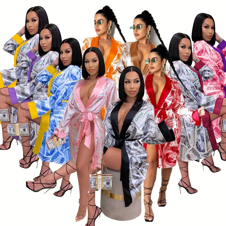 2023 Homewear Loungewear Sleepwear Lingerie Luxury Long Bath Women Lounge Wear Money Robe Silk Satin Robe Pajamas For Woman