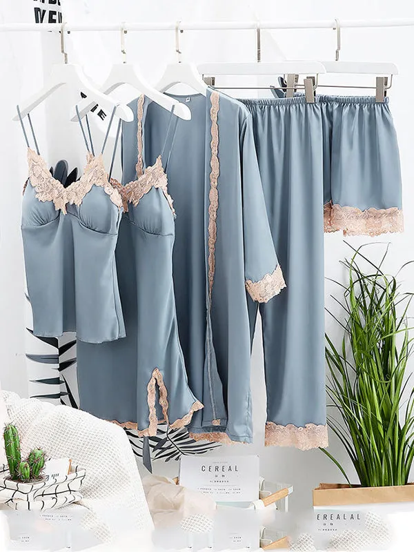 5pcs Lace Stitching Silk Satin Pajama Set