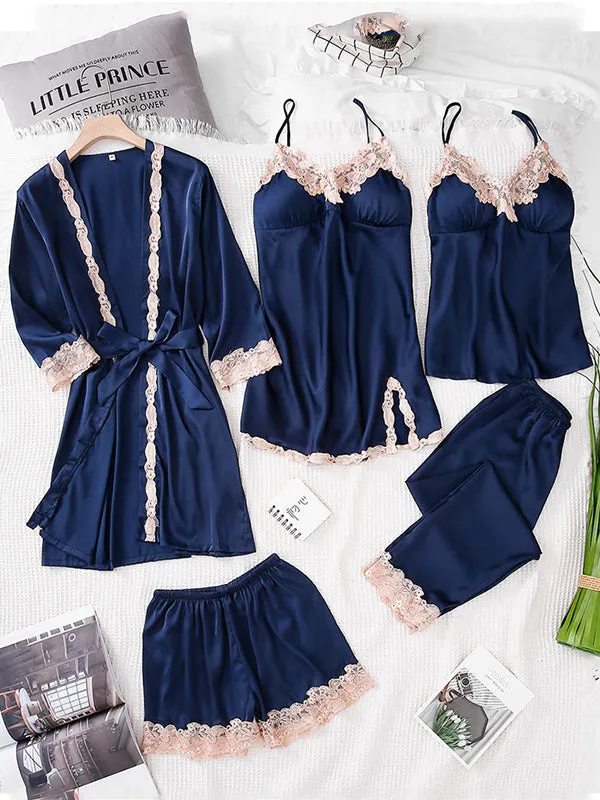 5pcs Lace Stitching Silk Satin Pajama Set