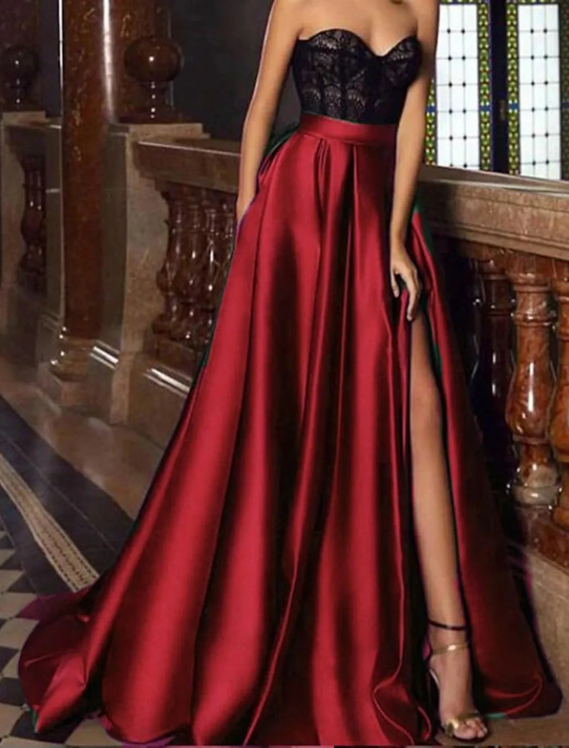 A-Line Evening Gown Vintage Dress Christmas Red Green Dress Engagement Court Train Sleeveless Sweetheart Pocket Satin with Slit Embroidery Pocket