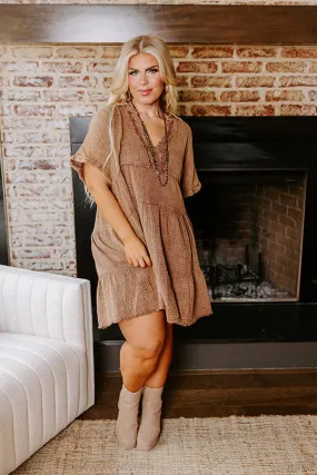 Across The World Mineral Wash Mini Dress In Mocha Curves