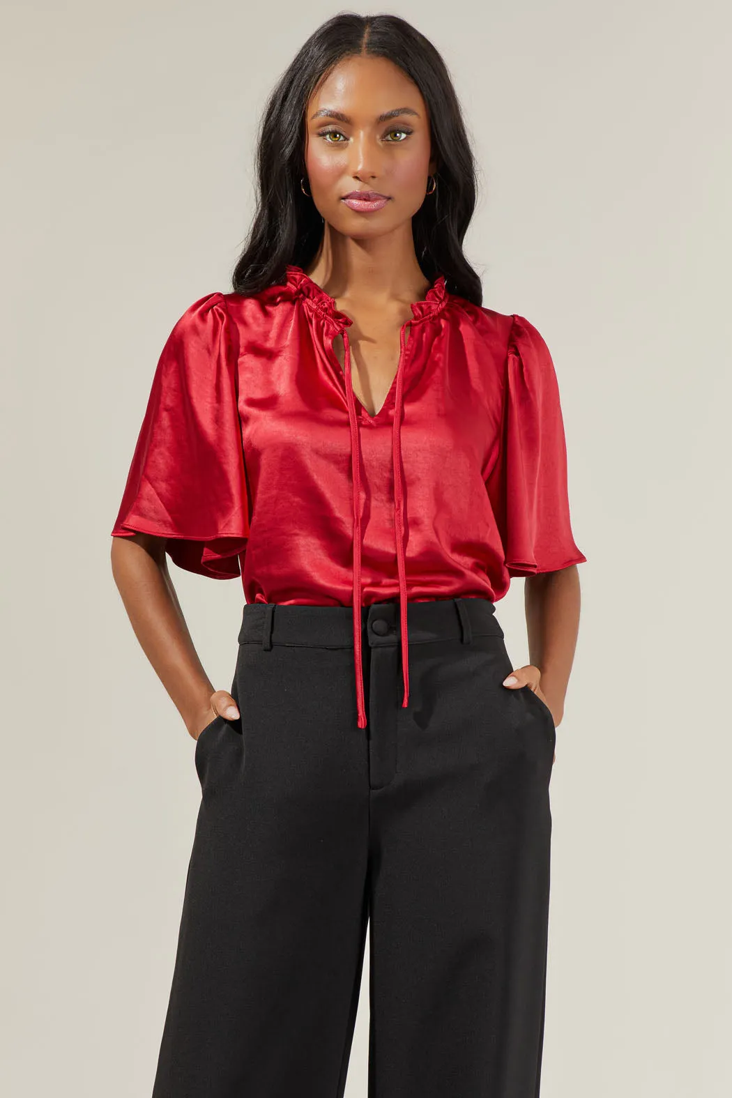 Angela Satin Tie Neck Flutter Sleeve Blouse