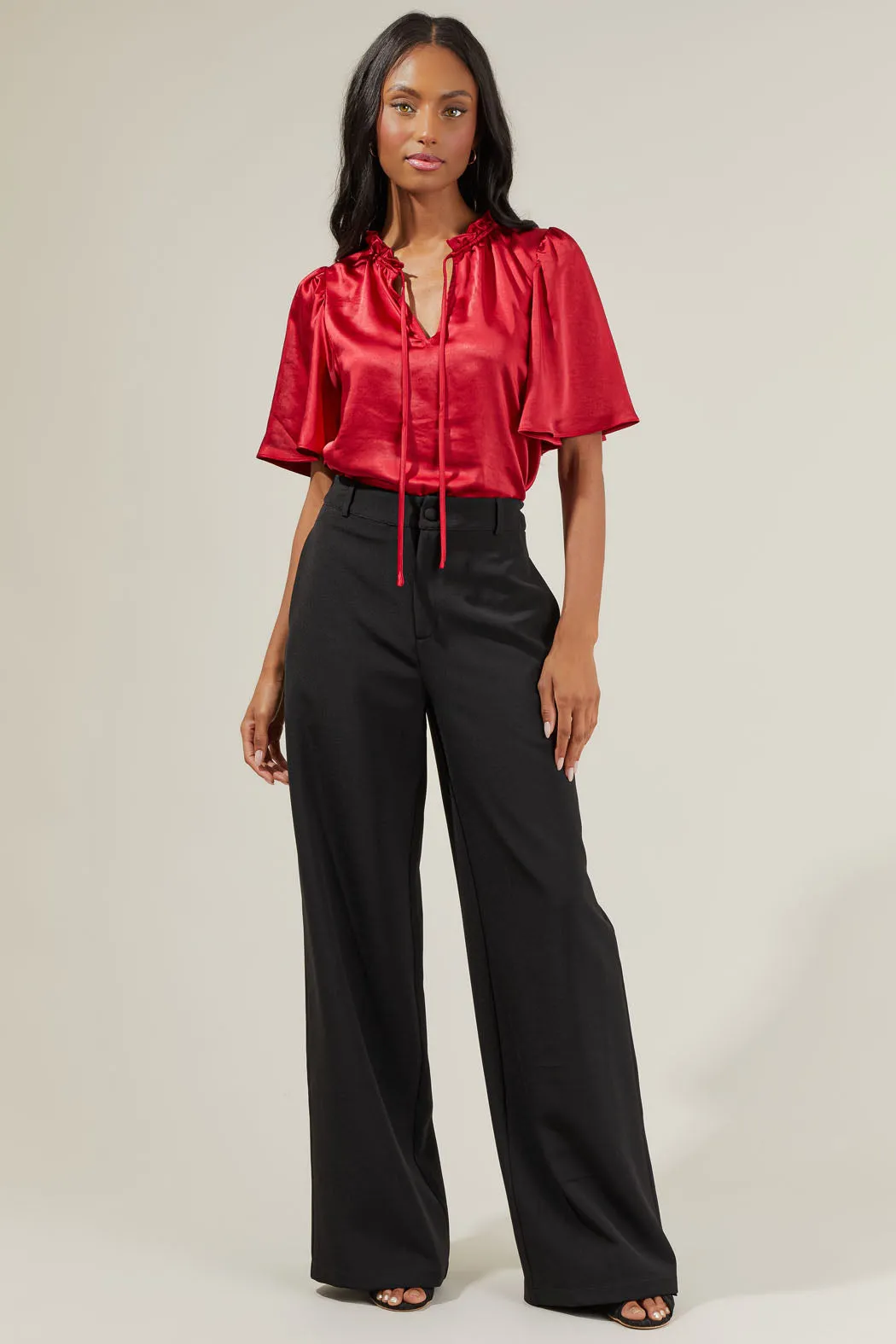 Angela Satin Tie Neck Flutter Sleeve Blouse