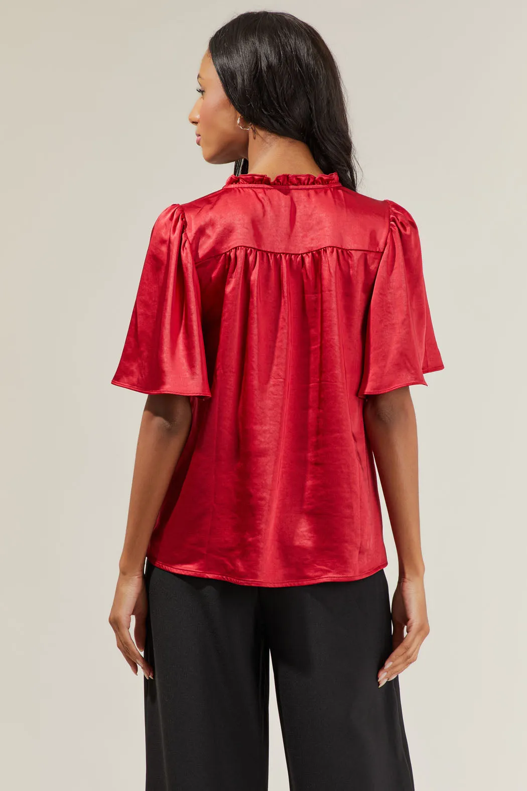 Angela Satin Tie Neck Flutter Sleeve Blouse