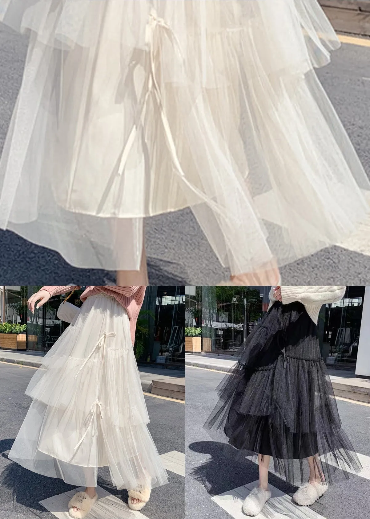 Apricot Lace Up Wrinkled Tulle Elastic Waist Skirt AS1075