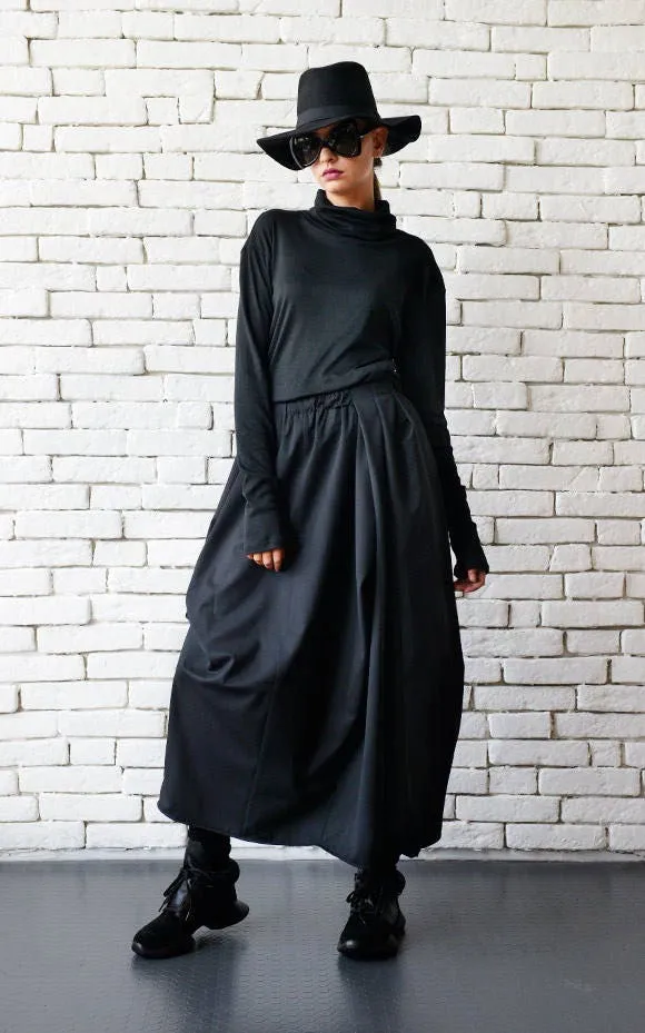 Asymmetric Long Black Skirt