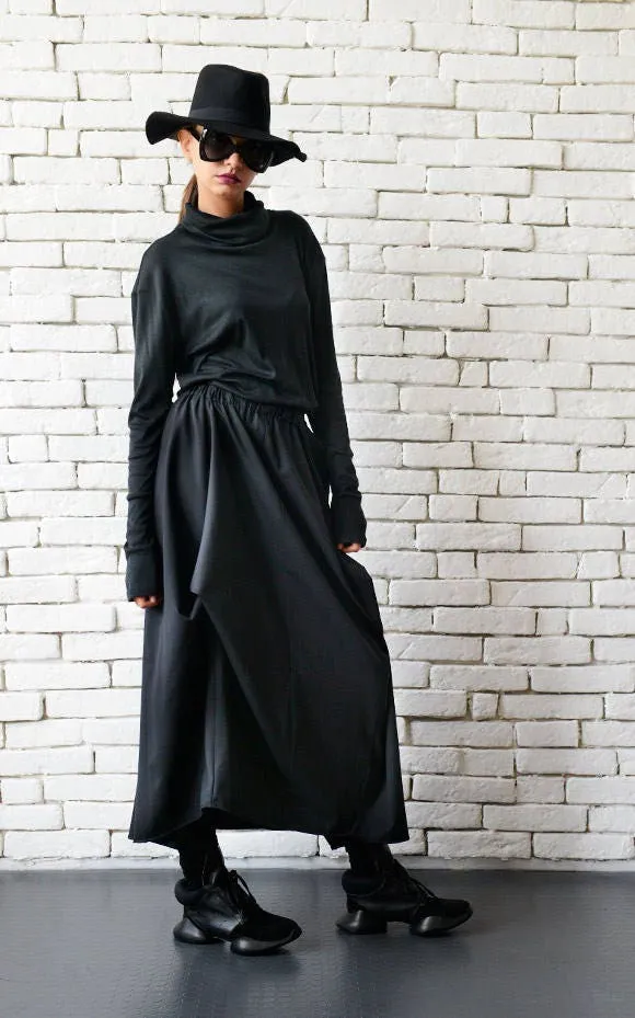 Asymmetric Long Black Skirt