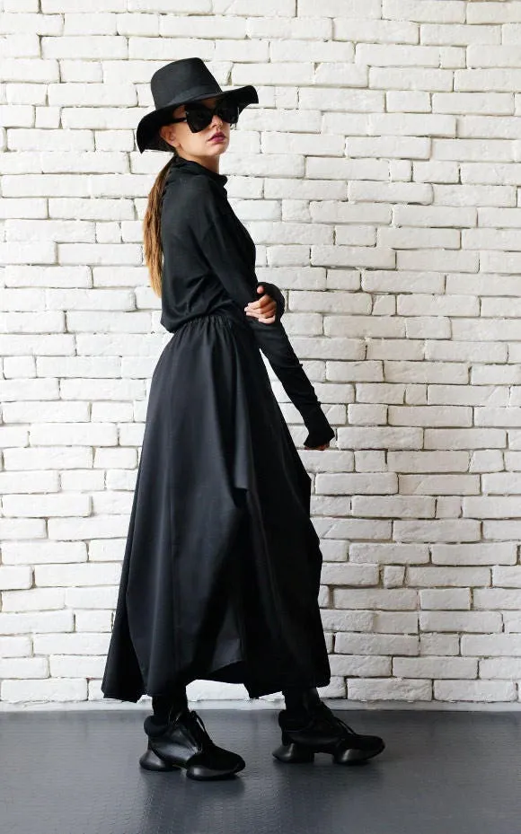 Asymmetric Long Black Skirt