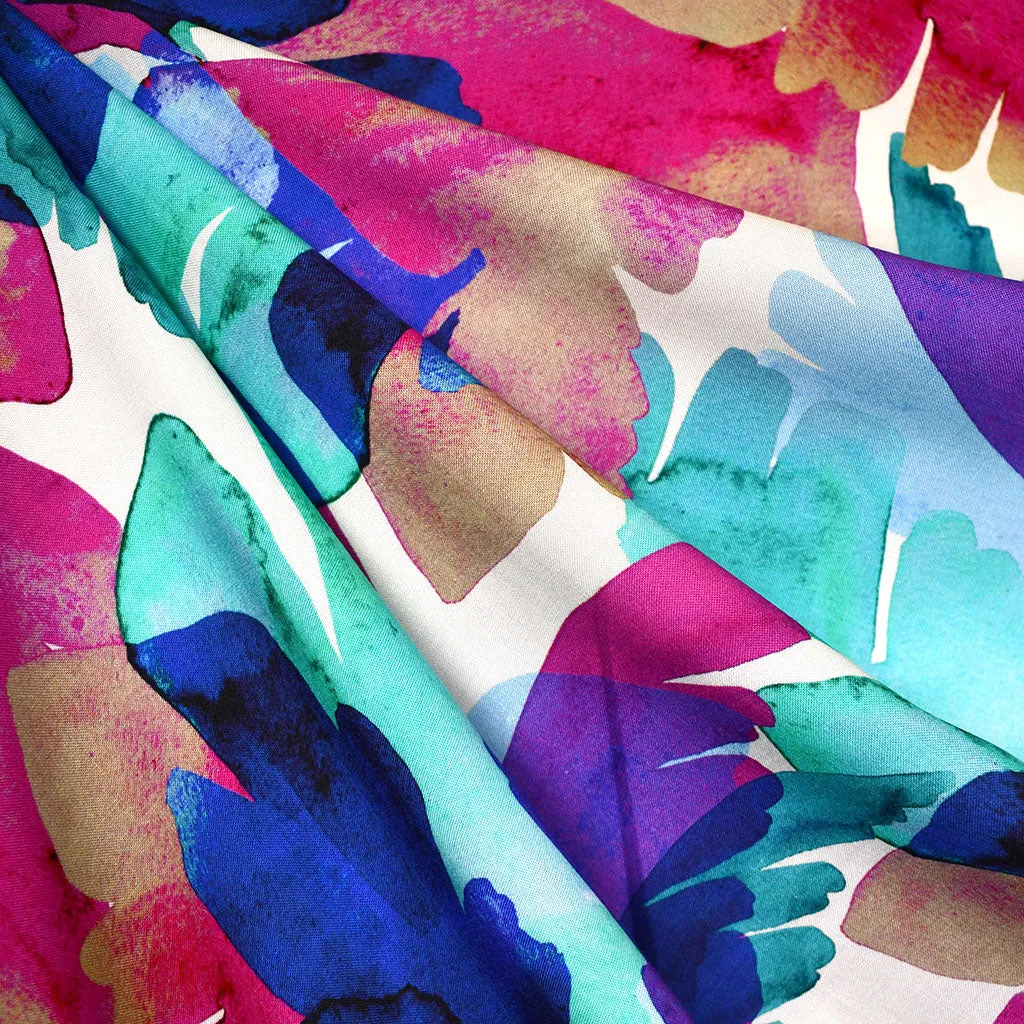 Atelier Jupe Colorful Painterly Feathers Rayon Aqua/Multi