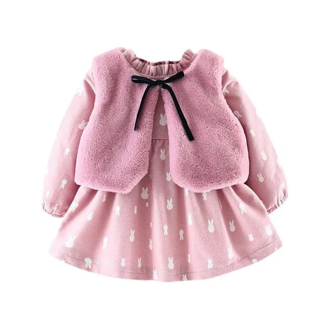 Baby Girls Floral Print Long Sleeve Princess Tutu Kids Party Dress   Fleece Waistcoat