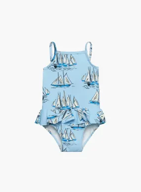 Baby Peplum Swimsuit in Blue Sailboat