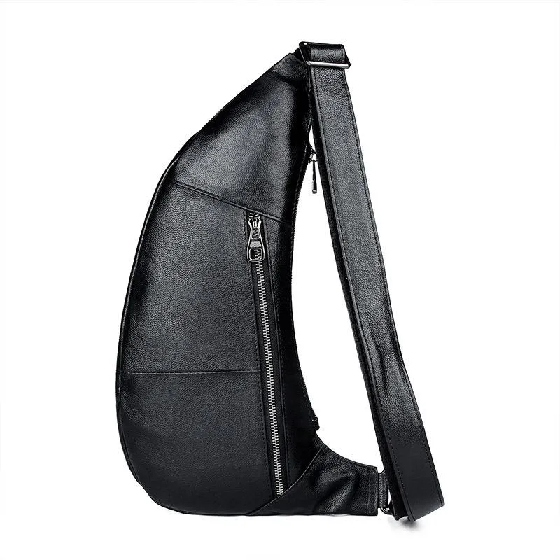 Badass Black Leather Men's Sling Bag Chest Bag One shoulder Backpack Chest Bag For Men