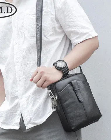 BADASS Black LEATHER MEN'S Small Side bag Vertical Phone Bag MESSENGER BAG Shoulder Bag FOR MEN