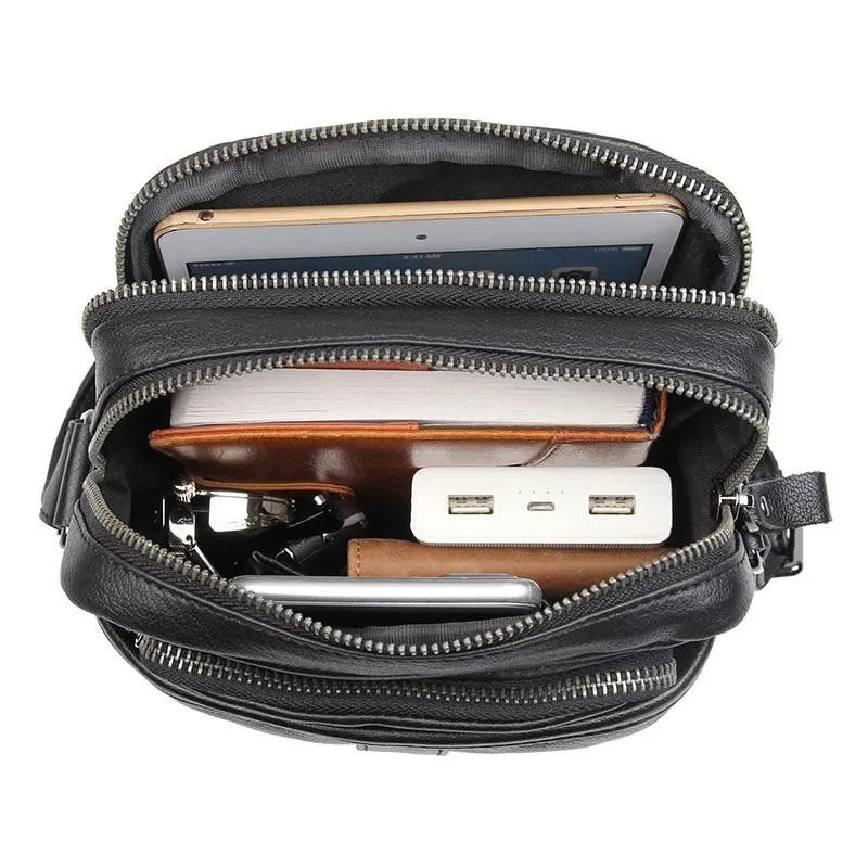 BADASS Black LEATHER MEN'S Small Side bag Vertical Phone Bag MESSENGER BAG Shoulder Bag FOR MEN