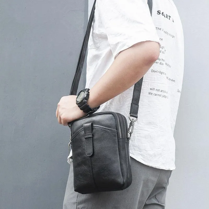 BADASS Black LEATHER MEN'S Small Side bag Vertical Phone Bag MESSENGER BAG Shoulder Bag FOR MEN