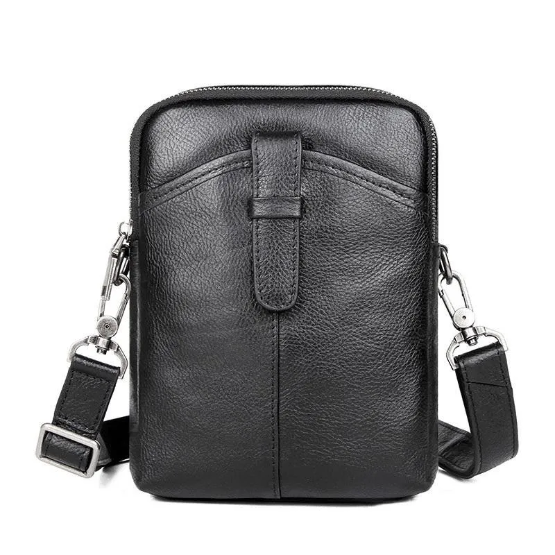 BADASS Black LEATHER MEN'S Small Side bag Vertical Phone Bag MESSENGER BAG Shoulder Bag FOR MEN