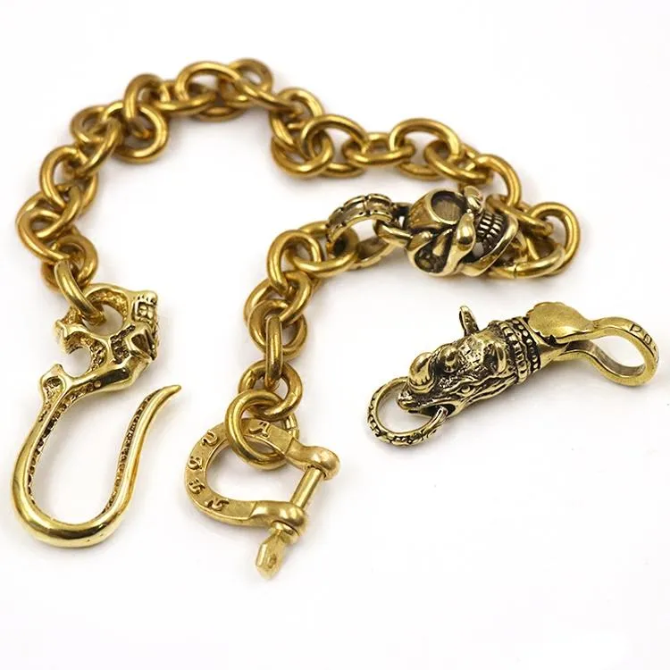 Badass Gold Mens Brass Wallet Chain Pants Chain Skull Biker Wallet CHain For Men