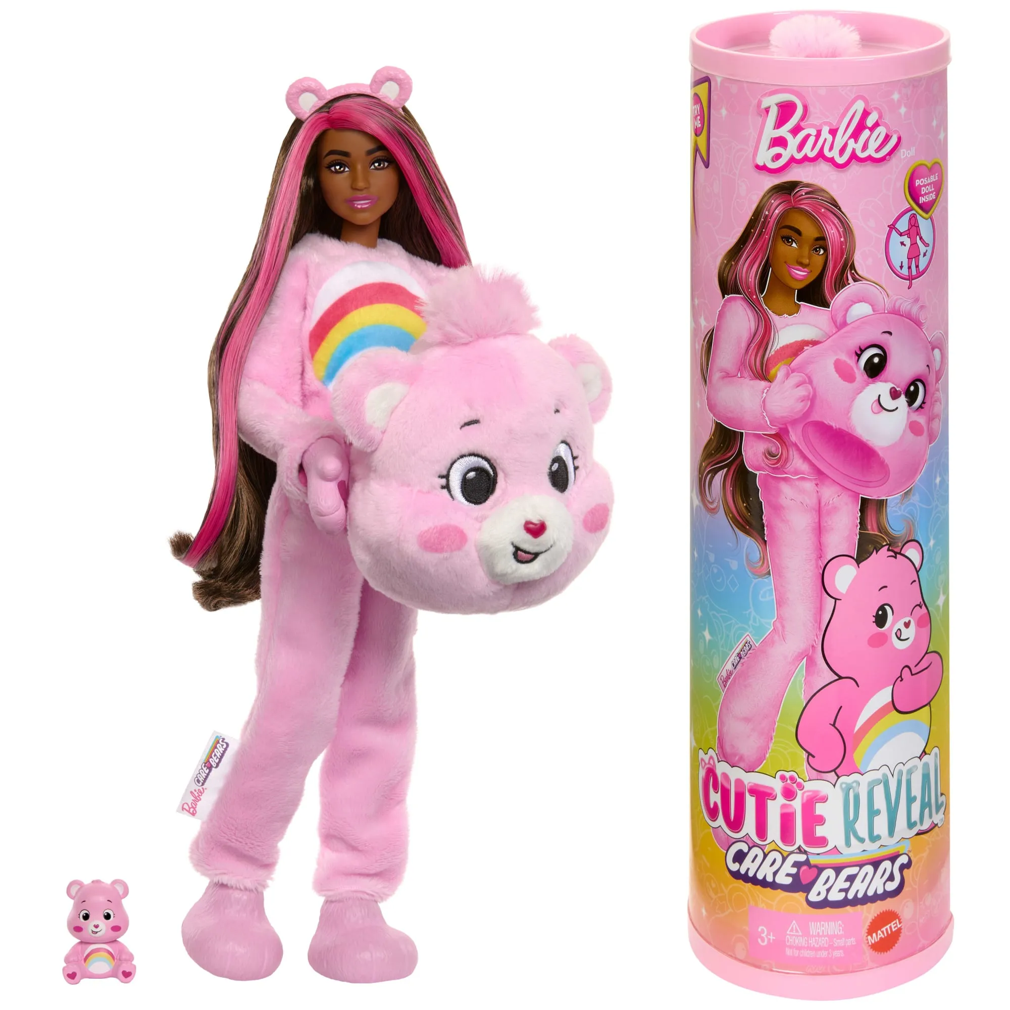 Barbie Cutie Reveal Care Bears Series Doll & Accessories in Cheer Bear Plush Costume, 10 Surprises