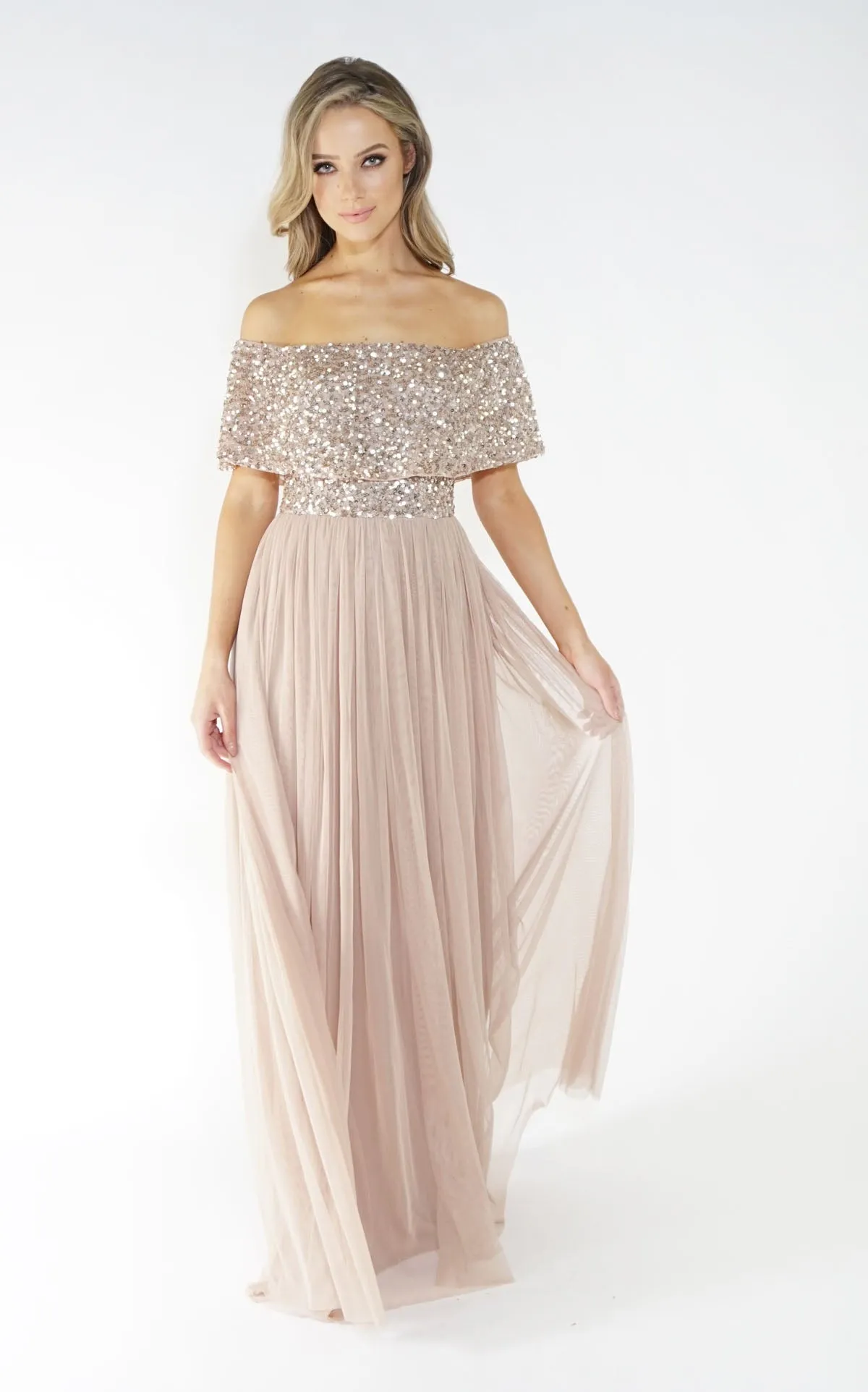 Bardot style tulle dress with delicate sequins