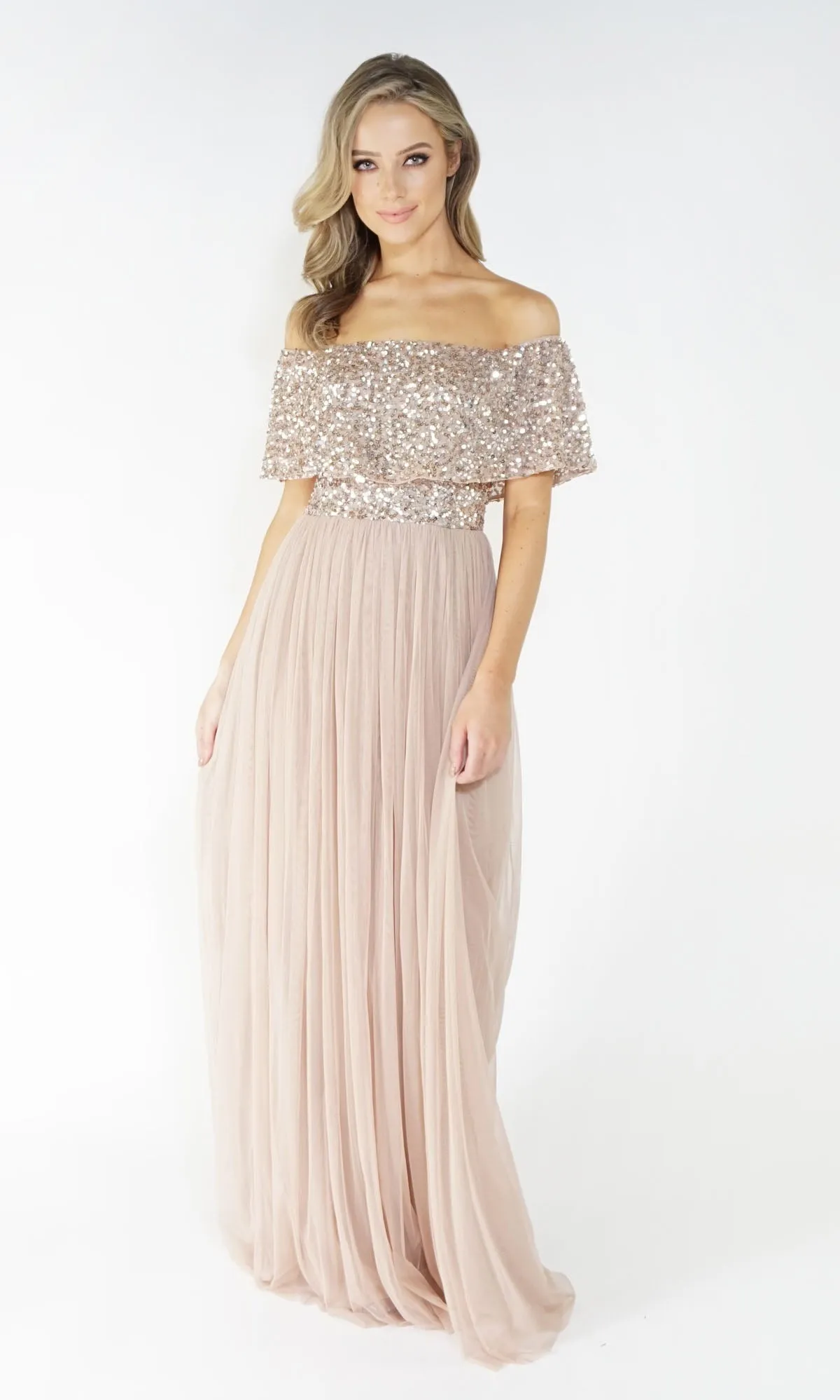 Bardot style tulle dress with delicate sequins