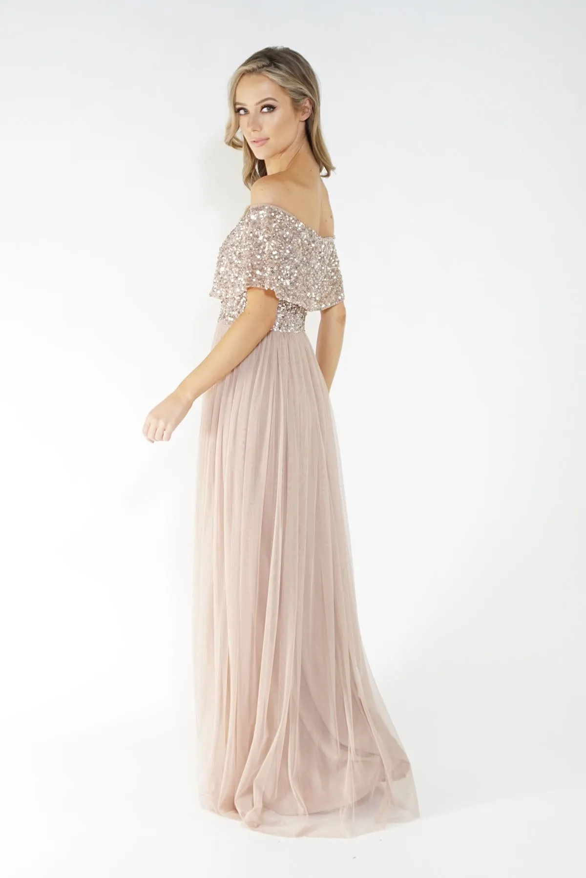 Bardot style tulle dress with delicate sequins