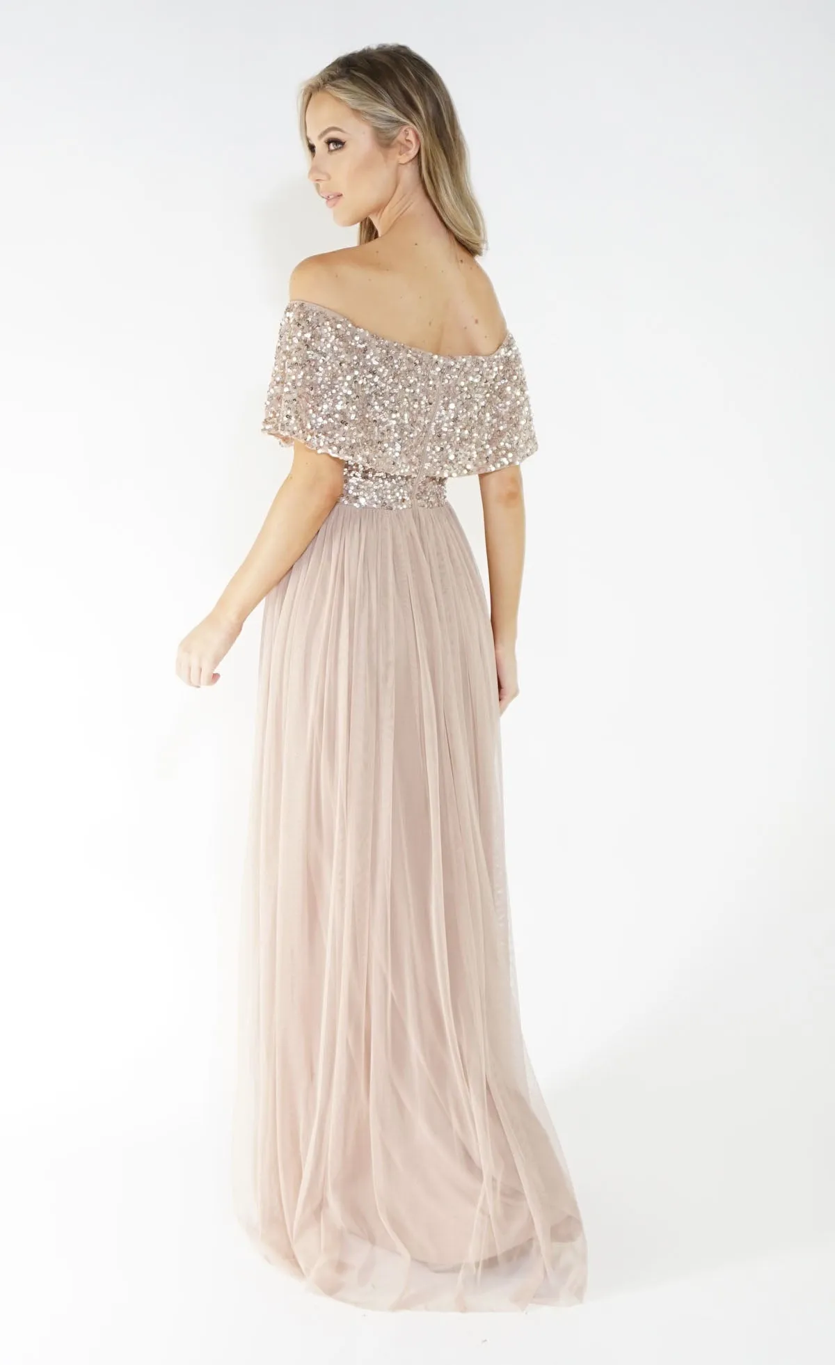 Bardot style tulle dress with delicate sequins