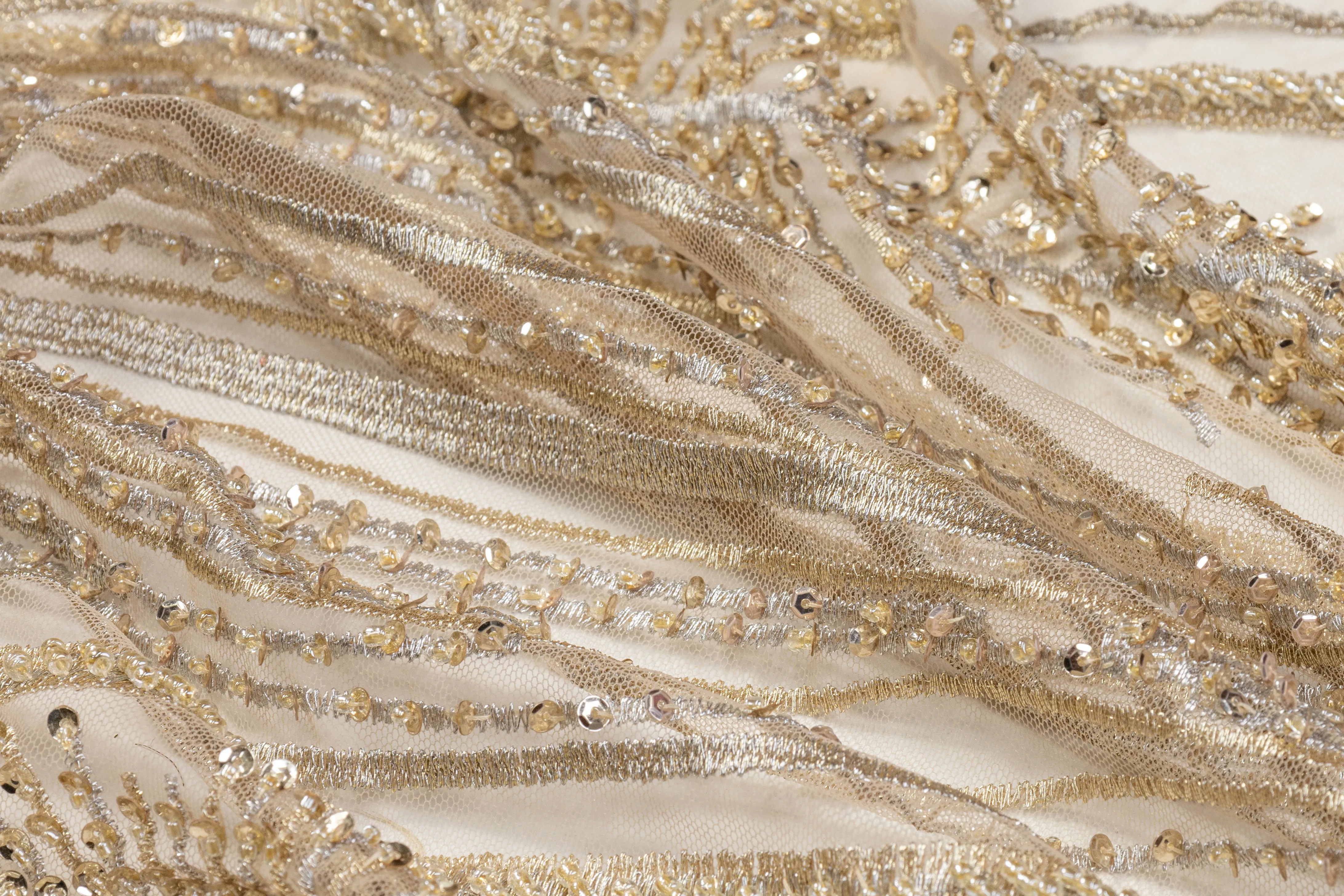 Beaded and Embroidered Tulle - Champagne Gold / Taupe