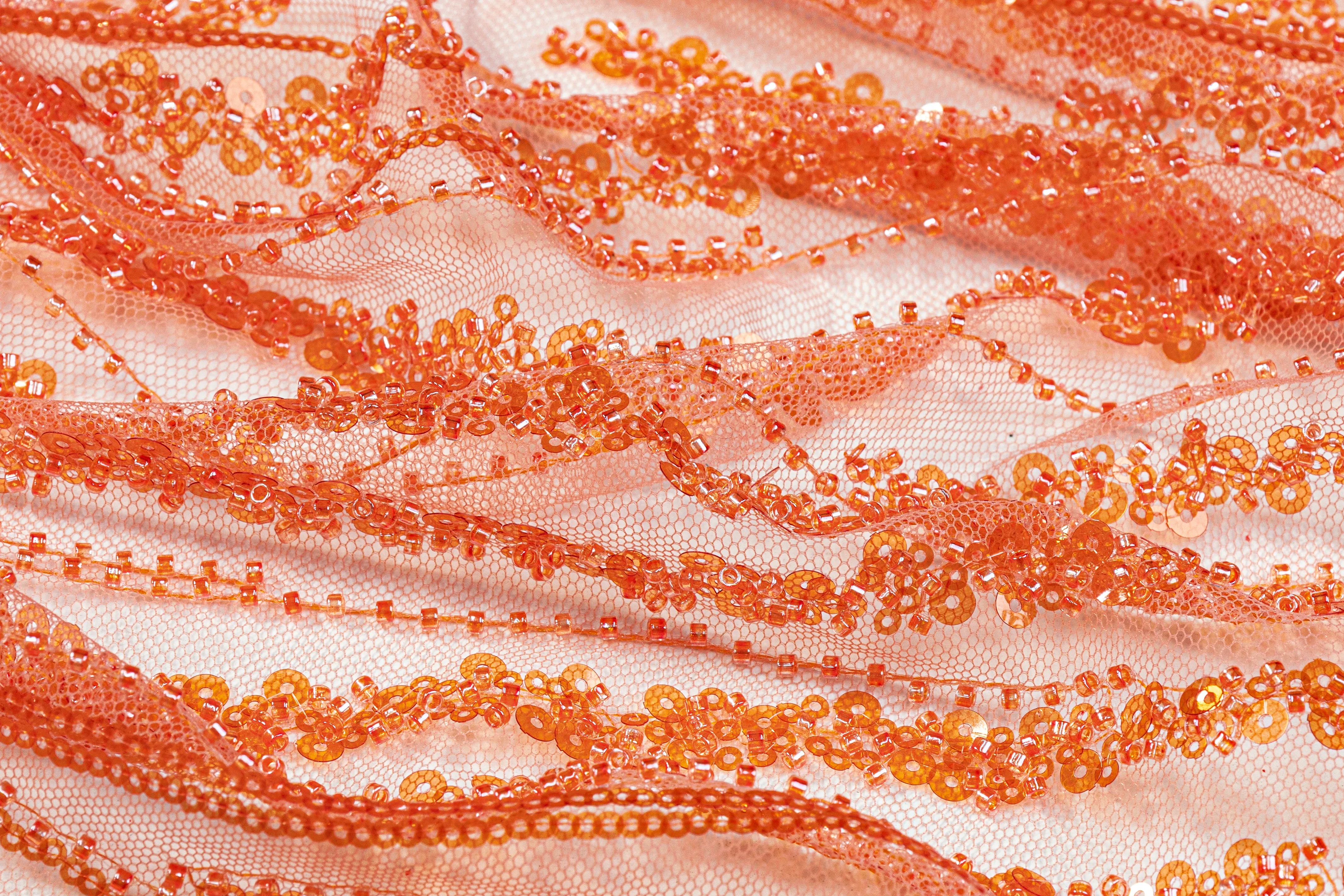 Beaded and Sequins Mesh - Peach Orange