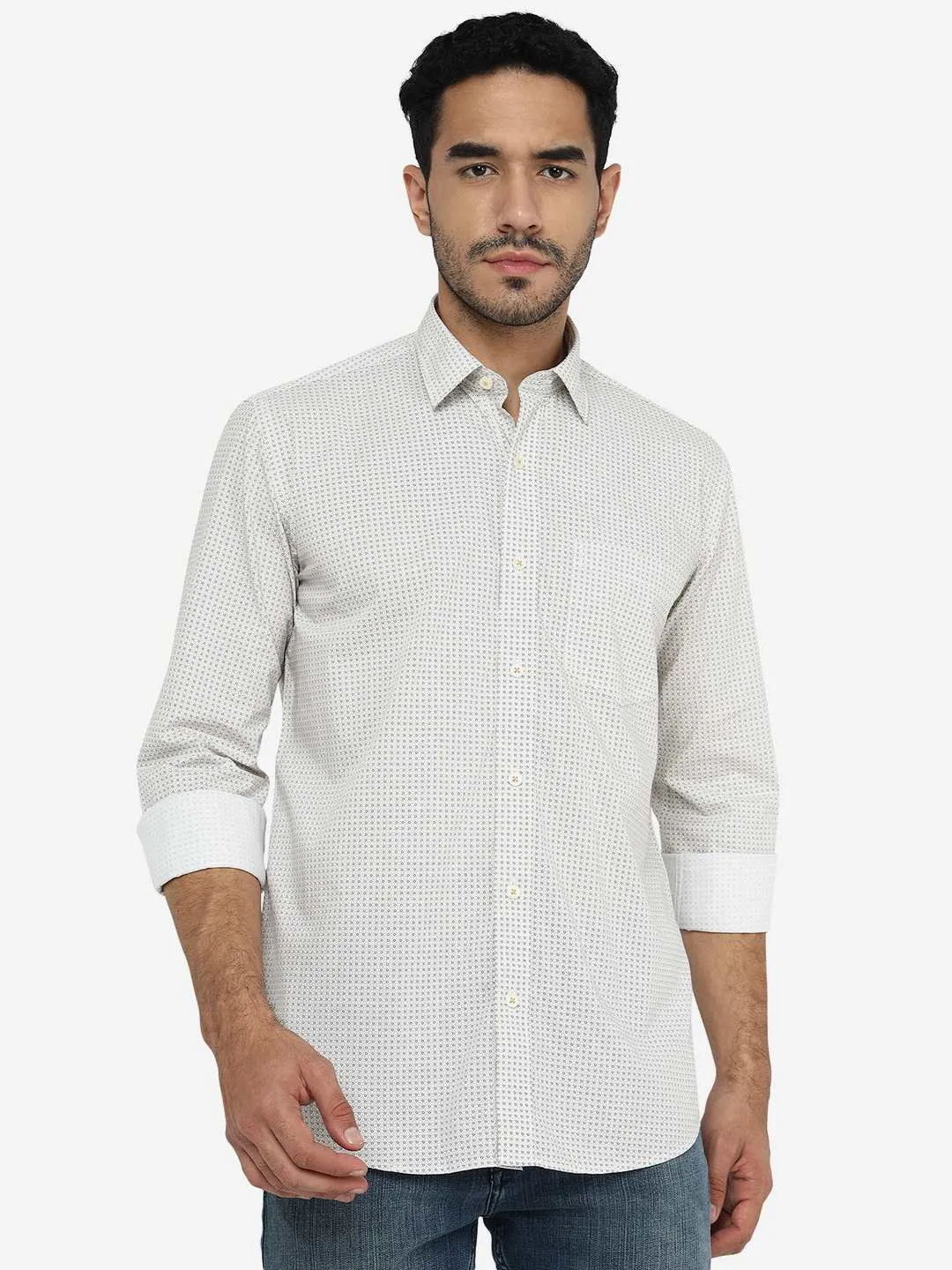 Beige Printed Slim Fit Semi Casual Shirt | JadeBlue