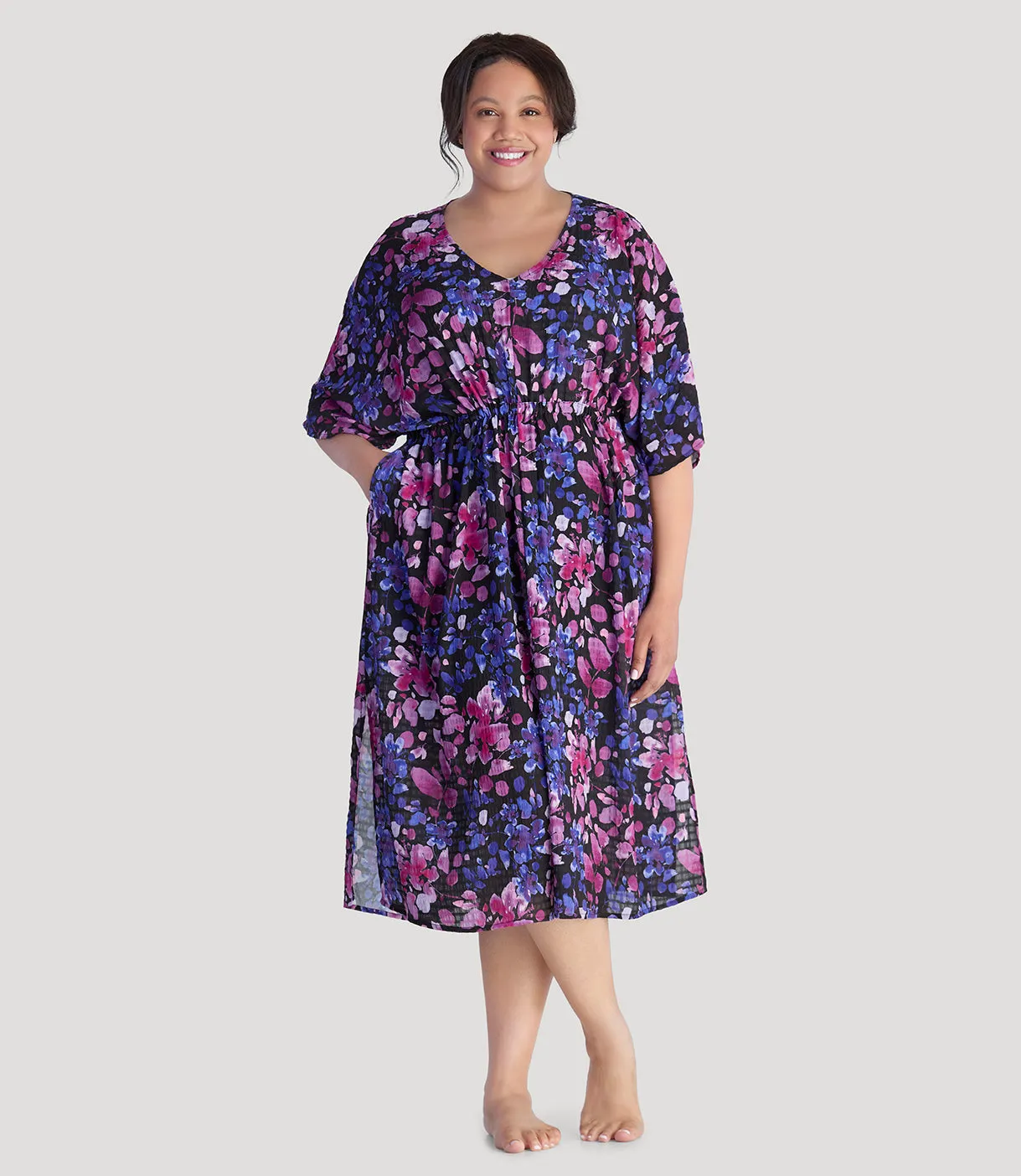 BellaStyle V-Neck Long Gathered Caftan Floral Elegance Print