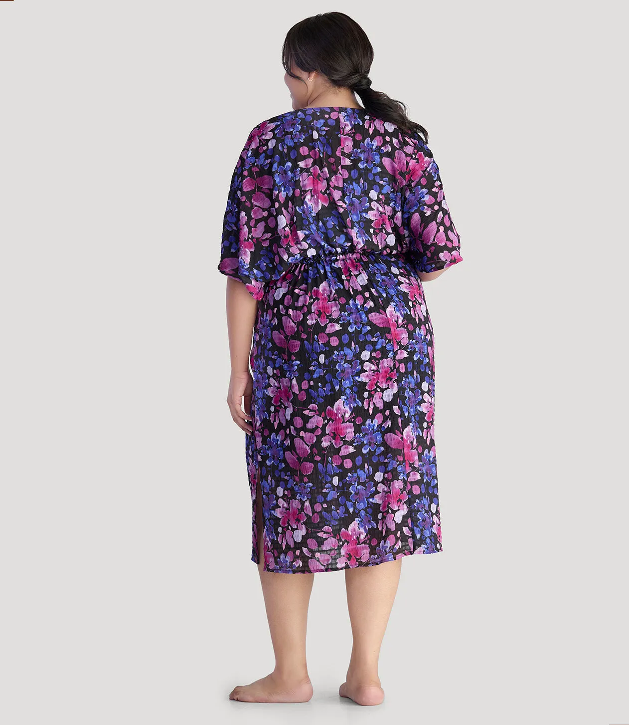 BellaStyle V-Neck Long Gathered Caftan Floral Elegance Print