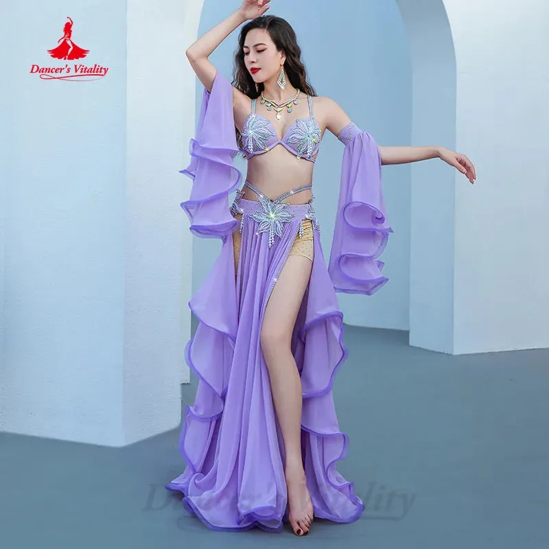 BellyDance Light Luxury Set Customization Pearl Bra sleeves chiffon Split Long Skirt 3pcs Oriental Dance Performance Costumes