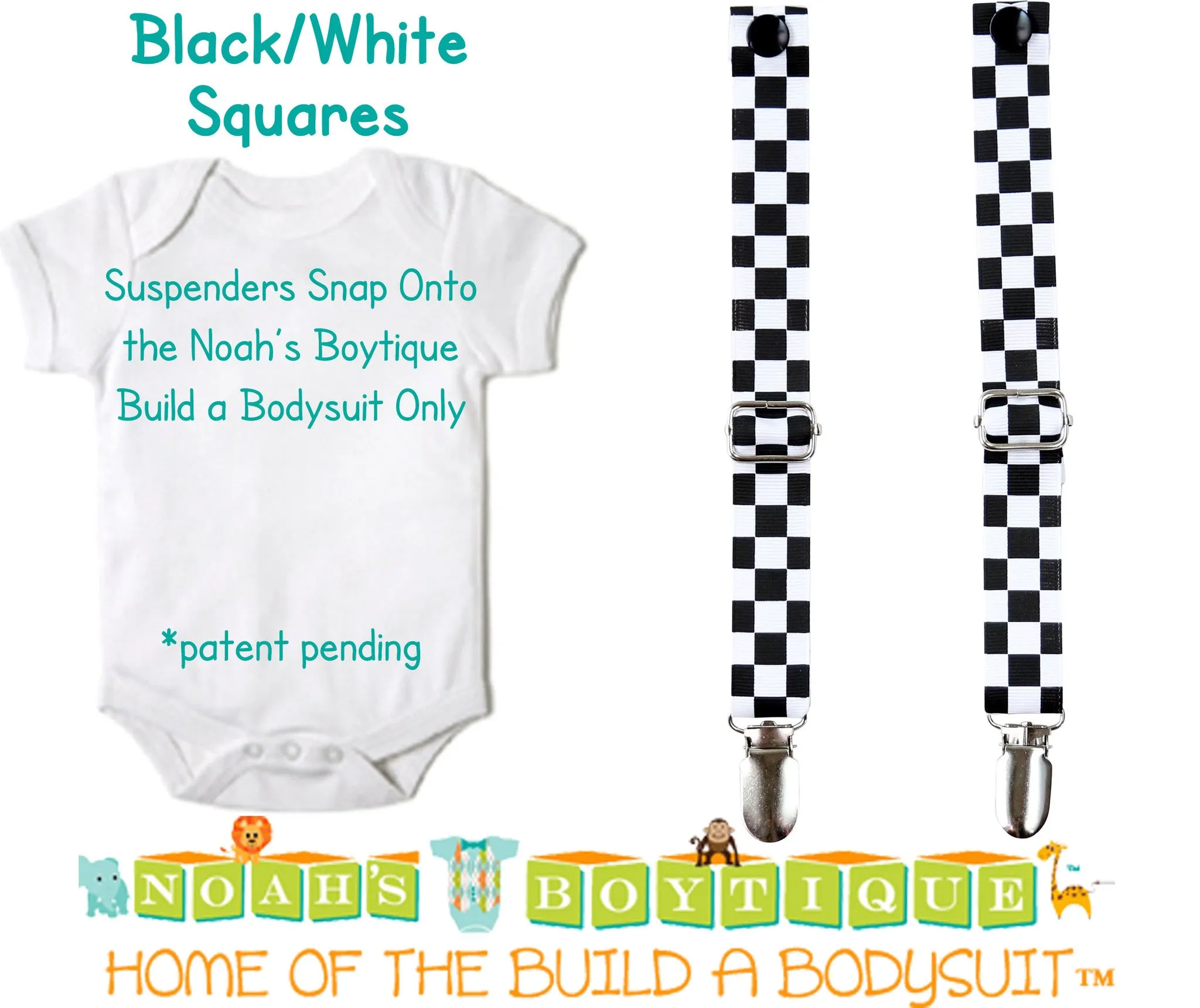 Black and White Check Noah's Boytique Bodysuit Suspenders - Snap On - Suspender Outfit - Baby - Newborn - Interchangeable - Racecar